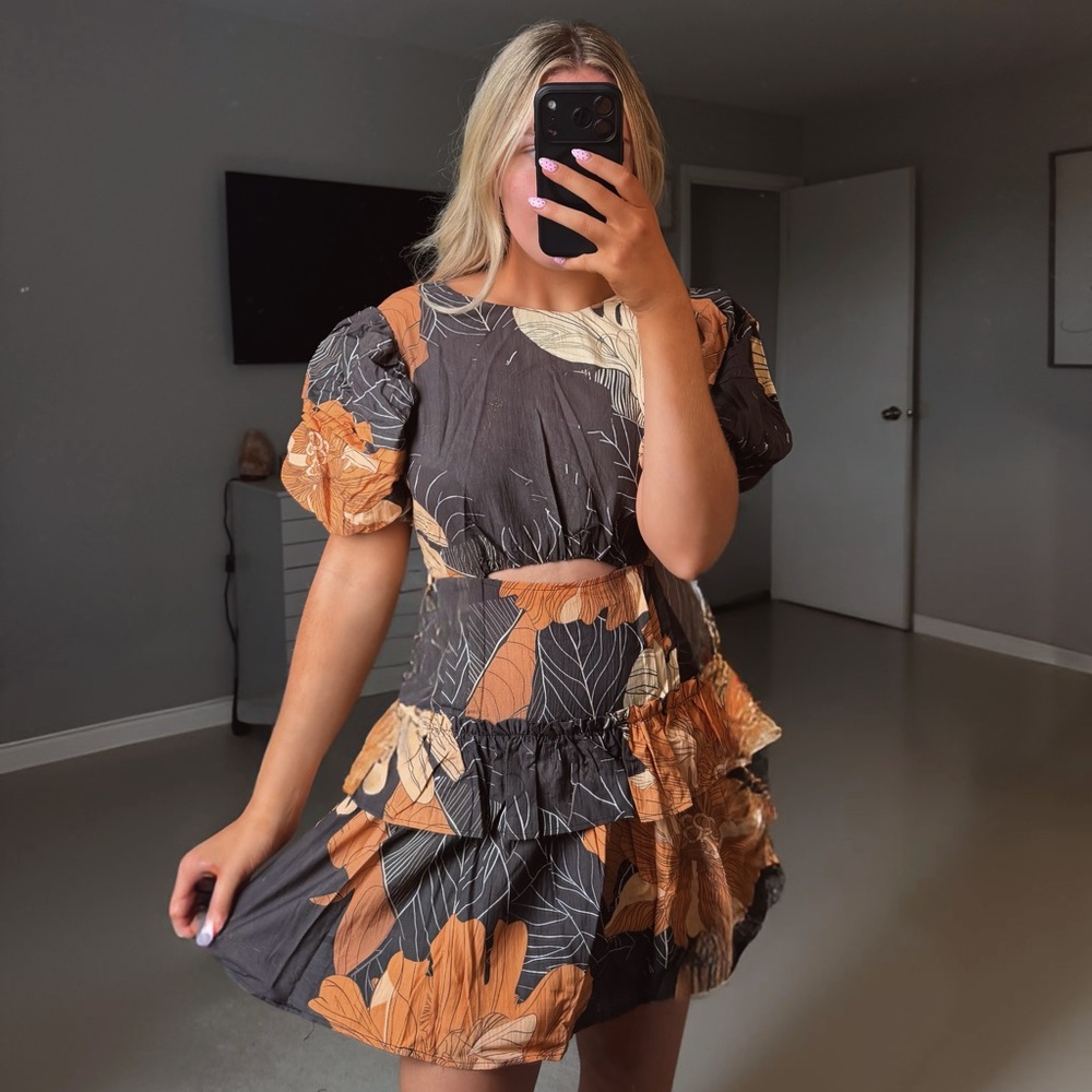 One arrival floral Thanksgiving fall Puff Sleeve Dress cutout